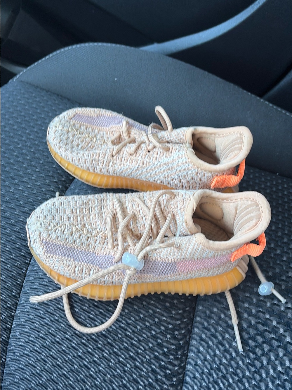 Kids Knit Yeezy Boost Athletic Sneakers in Beige with Orange Accent
